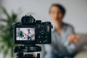 Woman recording herself with a professional camera and a tripod